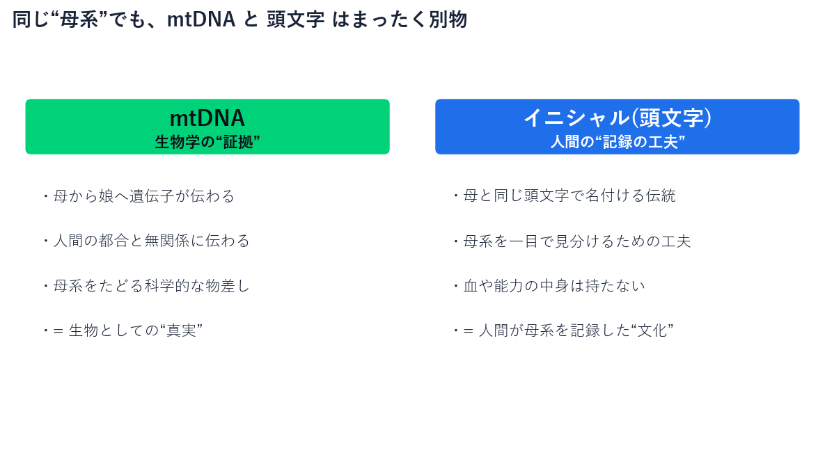 左:mtDNAは母から娘へ伝わる生物学の証拠。右:イニシャル(頭文字)は人間が後付けでそろえる記録の工夫。血統には生物の真実と人間の記録の二層があることを示した対比図
